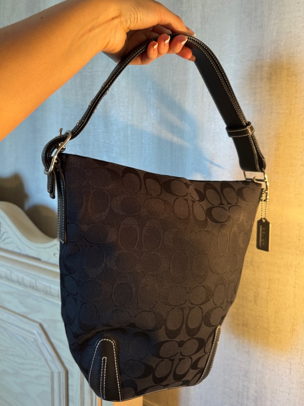Coach Black Signature Jacquard Shoulder Bag with Contrast Stitching